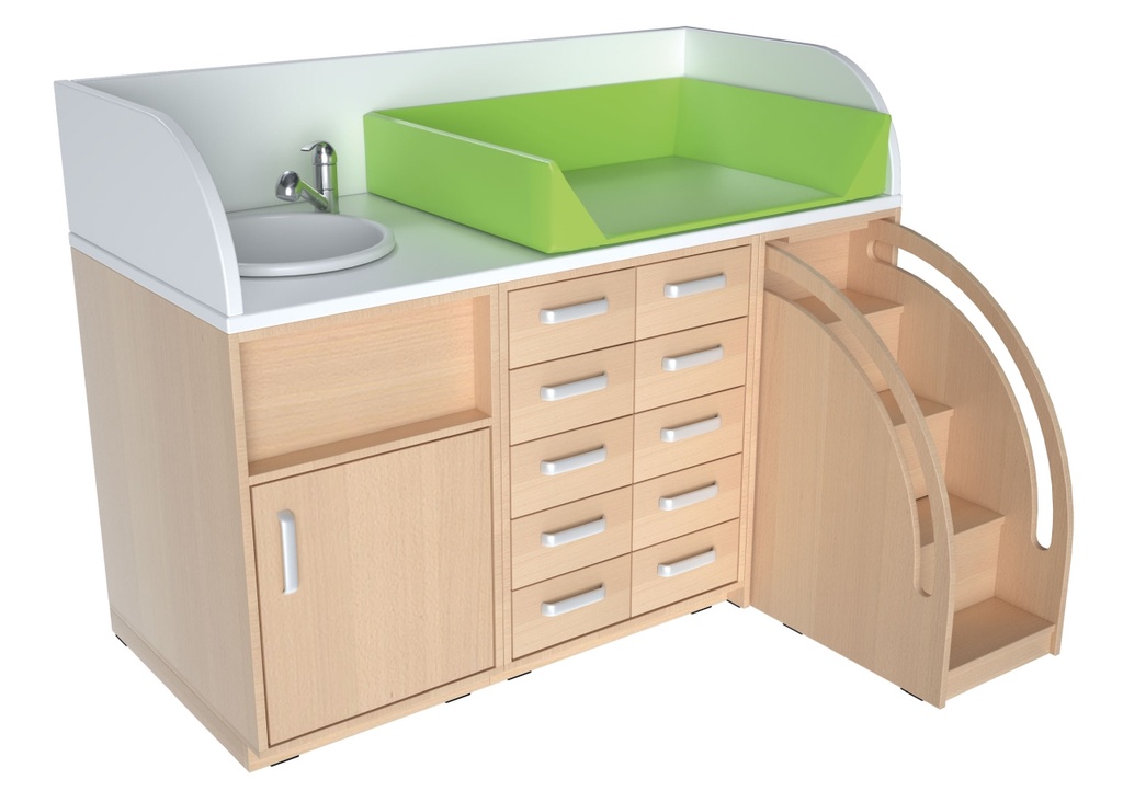 Changing table, width 146 cm, with stairs on the right side